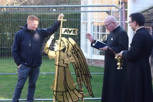 IMG_4767 Fr Kevin Smith blesses the re-gilded Angel Gabriel